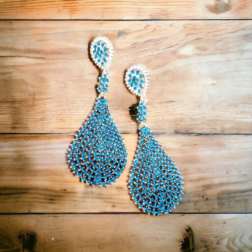 Austrian Crystal Earrings Gold Tone Shiny Blue Teardrop